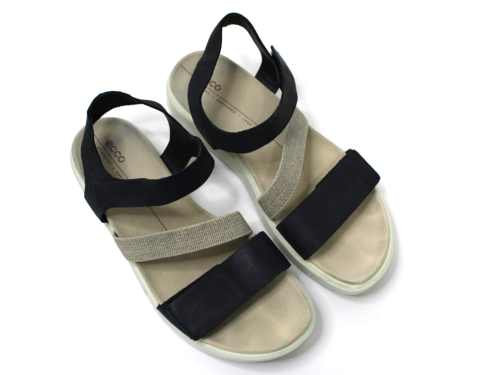 ECCO Flowt 2 Band Sandals Women's Size 38 7 7.5 Black & Tan Flat Comfortable